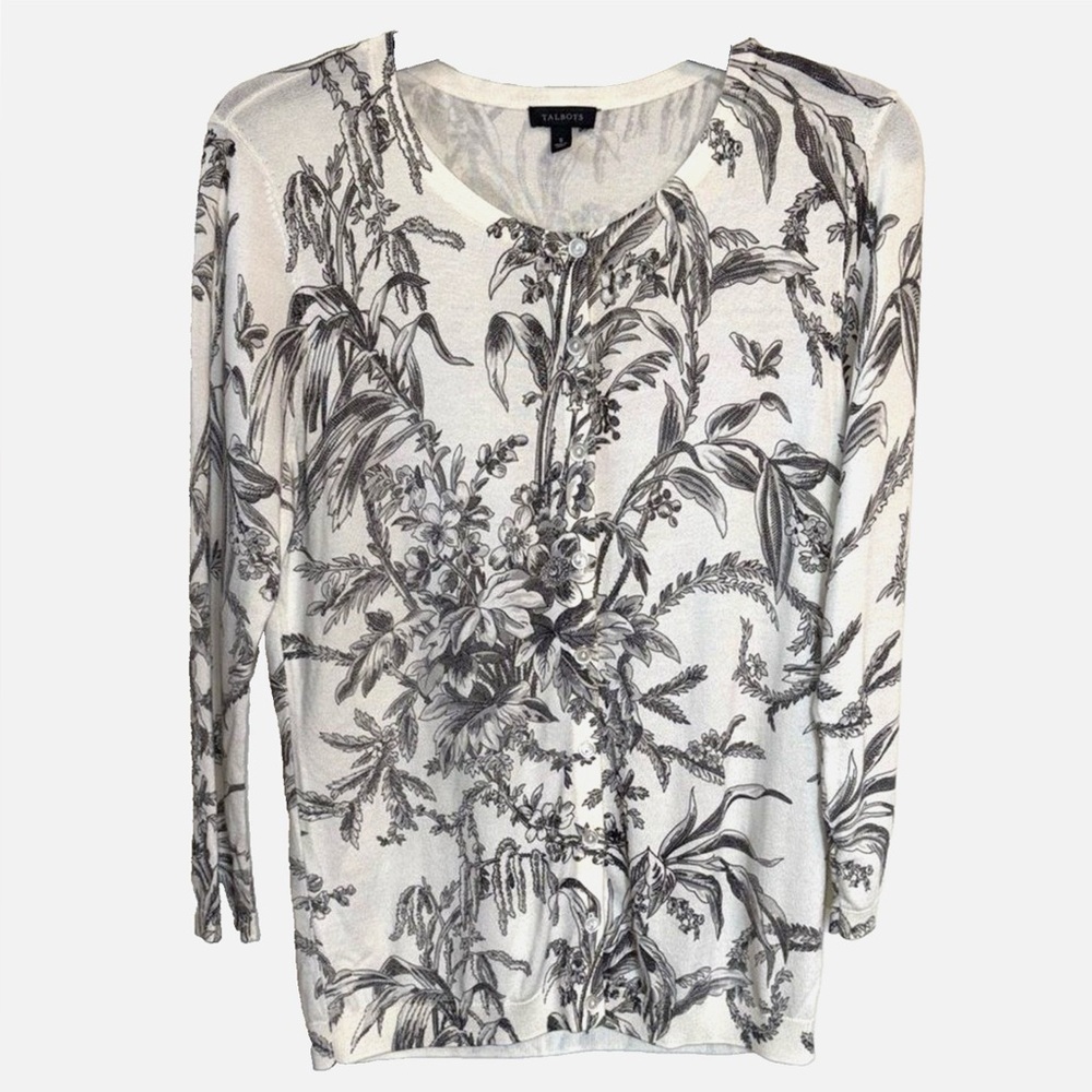Talbots Toile Print Cardigan Small Black Ivory Botanical Cottagecore Sweater